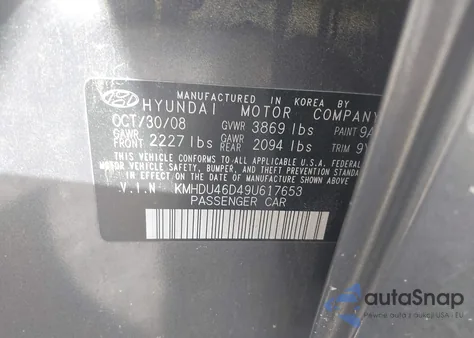 2009 Hyundai Elantra Gls из США, поврежденный, VIN KMHDU46D49U617653